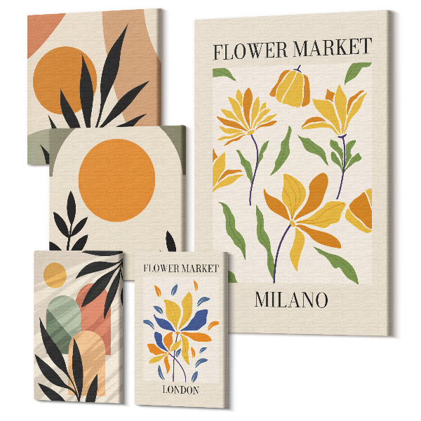 Sada obrazov na stenu pentaptych Kvetinové motívy a abstraktné kompozície v štýle boho