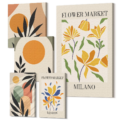 Sada obrazov na stenu pentaptych Kvetinové motívy a abstraktné kompozície v štýle boho