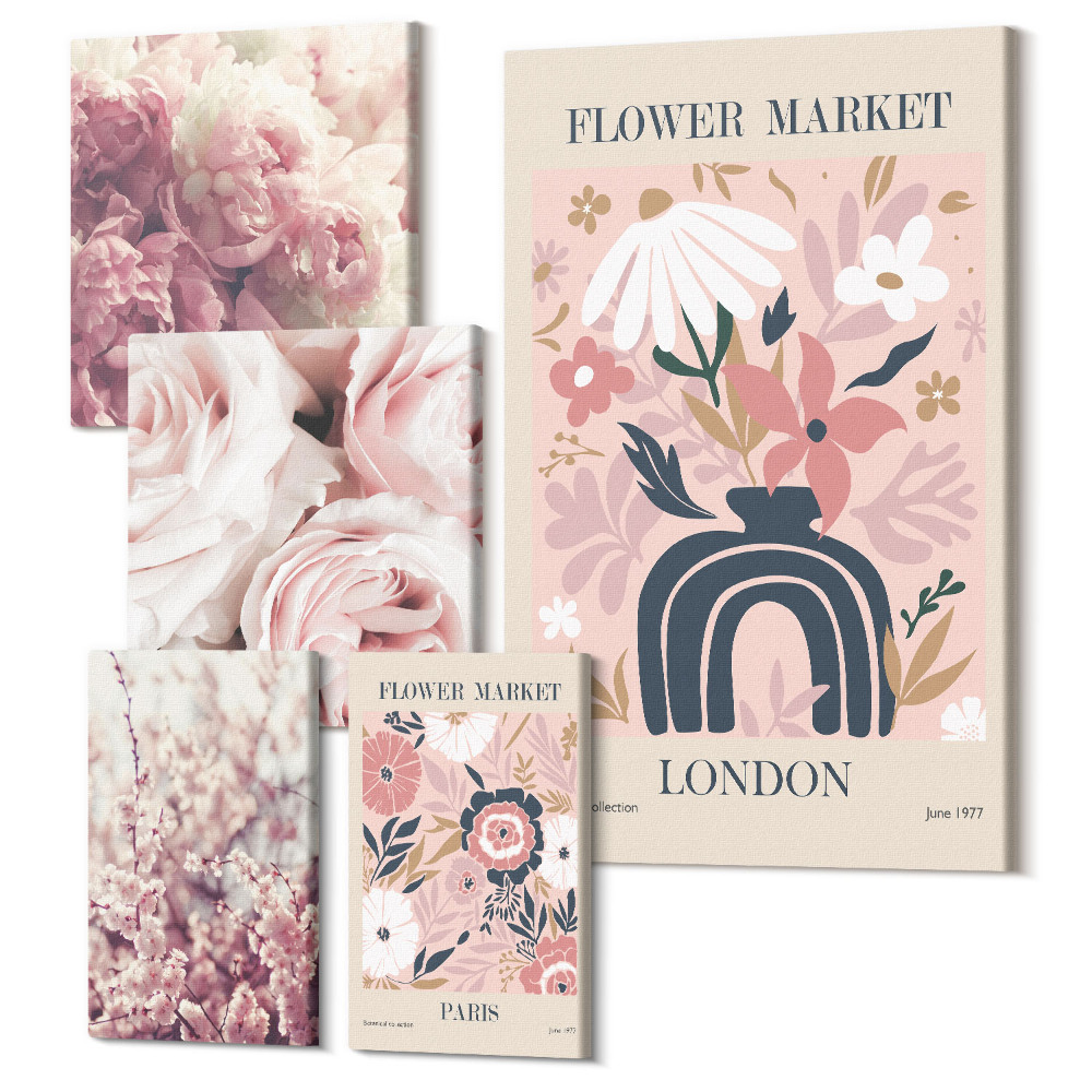 Sada obrazov pentaptych Kvetinové motívy v dekoráciách v boho a romantickom štýle