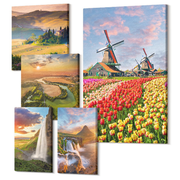 Sada 5 obrazov Prírodná krajina s vodopádmi a veternými mlynmi v pozadí