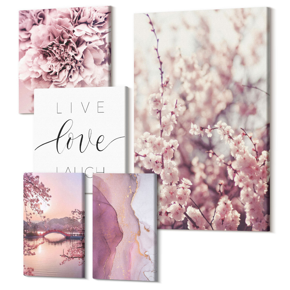 Sada obrazov pentaptych Kvetinové motívy s inšpirujúcimi sloganmi v pastelových tónoch