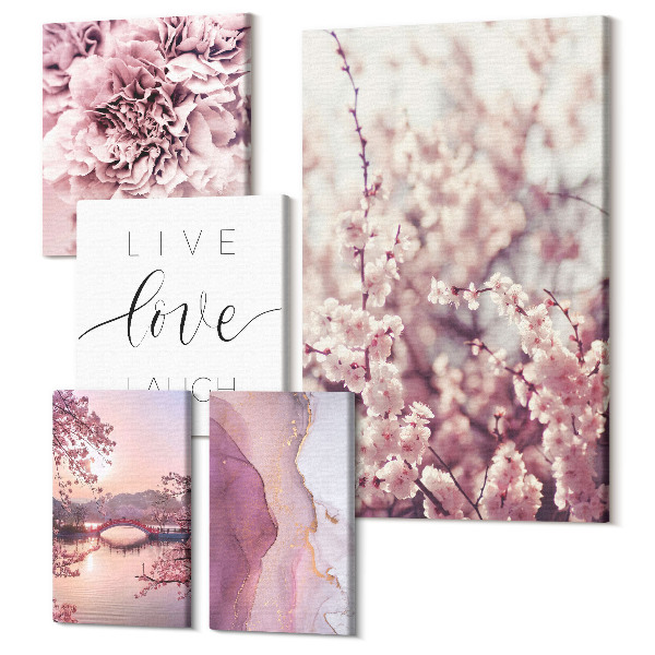 Sada obrazov pentaptych Kvetinové motívy s inšpirujúcimi sloganmi v pastelových tónoch