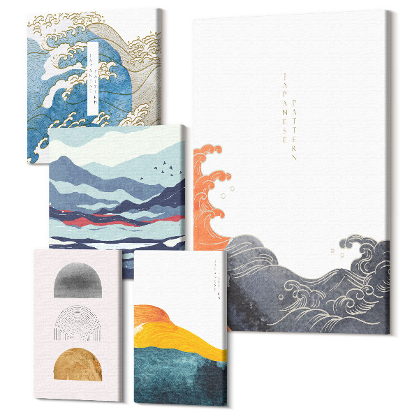 Sada 5 obrazov Japonský štýl vlny hory abstraktné dekoratívne vzory