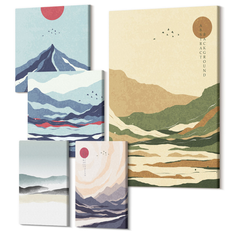 Sada obrazov na stenu pentaptych Horské krajiny s minimalistickými prírodnými motívmi