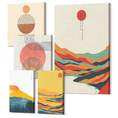 Sada obrazov na stenu pentaptych Abstraktné krajiny s geometrickými tvarmi a farbami