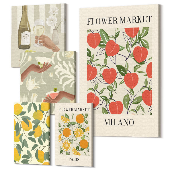 Sada obrazov pentaptych Vintage ovocné a kvetinové trhy z európskych miest