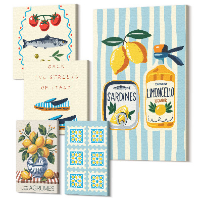 Sada obrazov pentaptych Kuchynské inšpirácie z Talianska: citrusové plody a morské plody