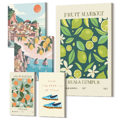 Sada obrazov na stenu pentaptych Tropické ovocie a výhľady z dovolenkových miest