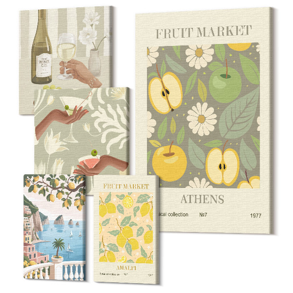 Sada 5 obrazov Atmosférické ovocné a botanické ilustrácie zo 70. rokov 20. storočia