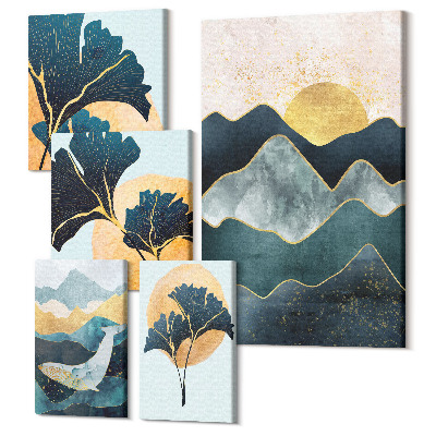 Sada obrazov pentaptych Štýlové horské krajiny s dekoratívnymi rastlinnými akcentmi
