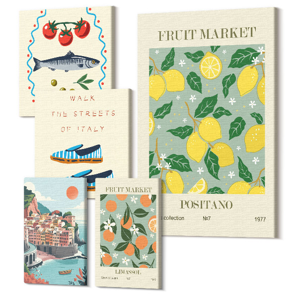 Sada obrazov pentaptych Zbierka ovocia a miestnych trhov z Talianska a Stredomoria