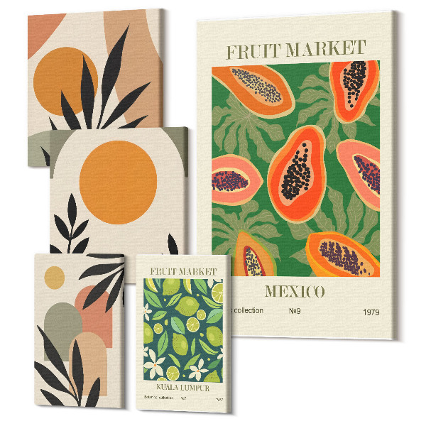 Sada obrazov na stenu pentaptych Tropické ovocie v retro štýle s exotickými motívmi