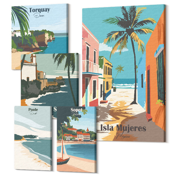 Sada obrazov na stenu pentaptych Farebné výhľady na prímorské mestá a pláže