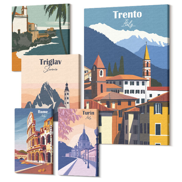 Sada 5 obrazov Európske mestá a krajiny v retro štýle