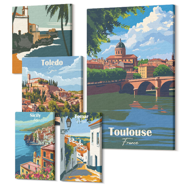 Sada obrazov pentaptych Európske mestá, malebné výhľady a krajiny