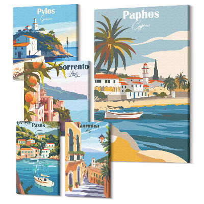 Sada obrazov pentaptych Prímorská krajina s očarujúcimi mestami v Európe