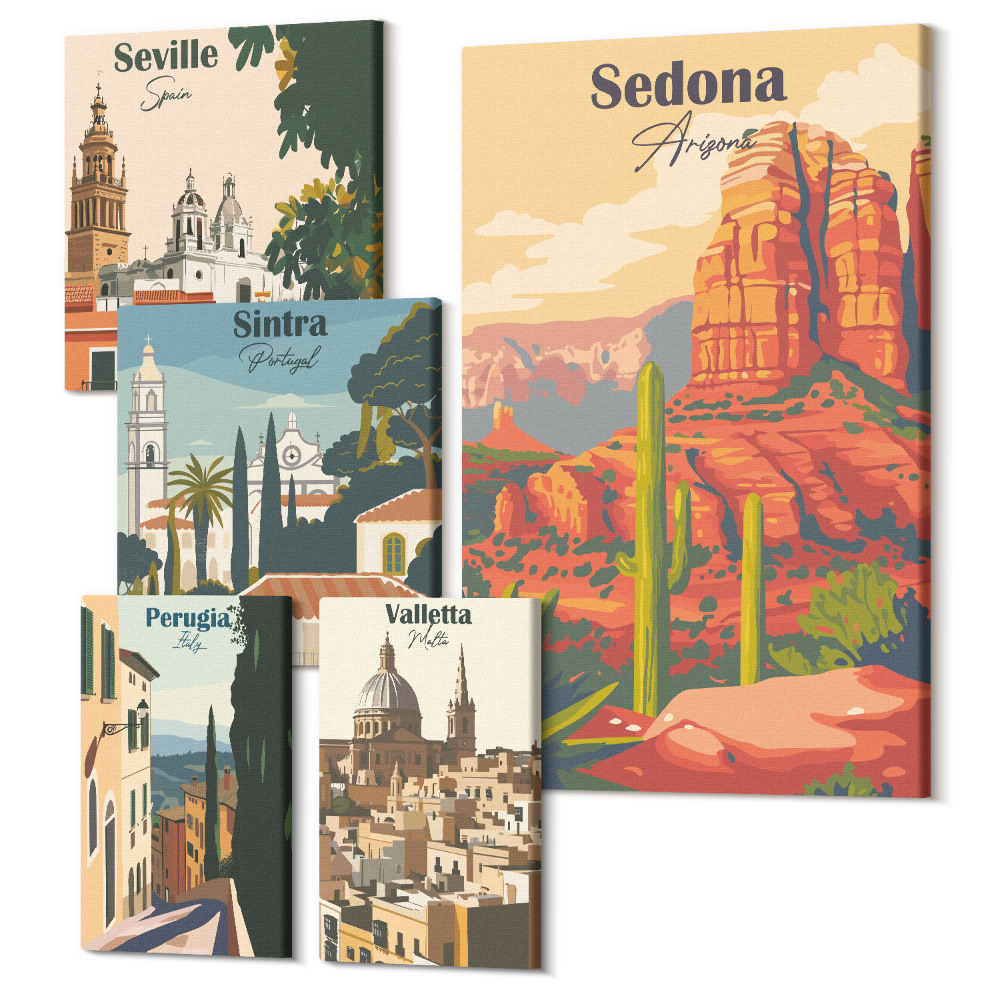 Sada obrazov pentaptych Turistické krajiny z rôznych miest po celom svete