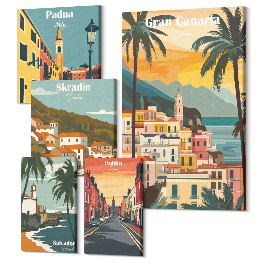 Sada obrazov na stenu pentaptych Krajiny európskych miest a malebné výhľady