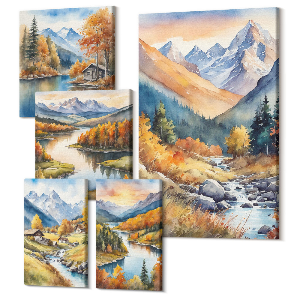 Sada obrazov pentaptych Jesenná horská krajina s riekami a chatami v lese