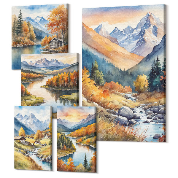 Sada obrazov pentaptych Jesenná horská krajina s riekami a chatami v lese