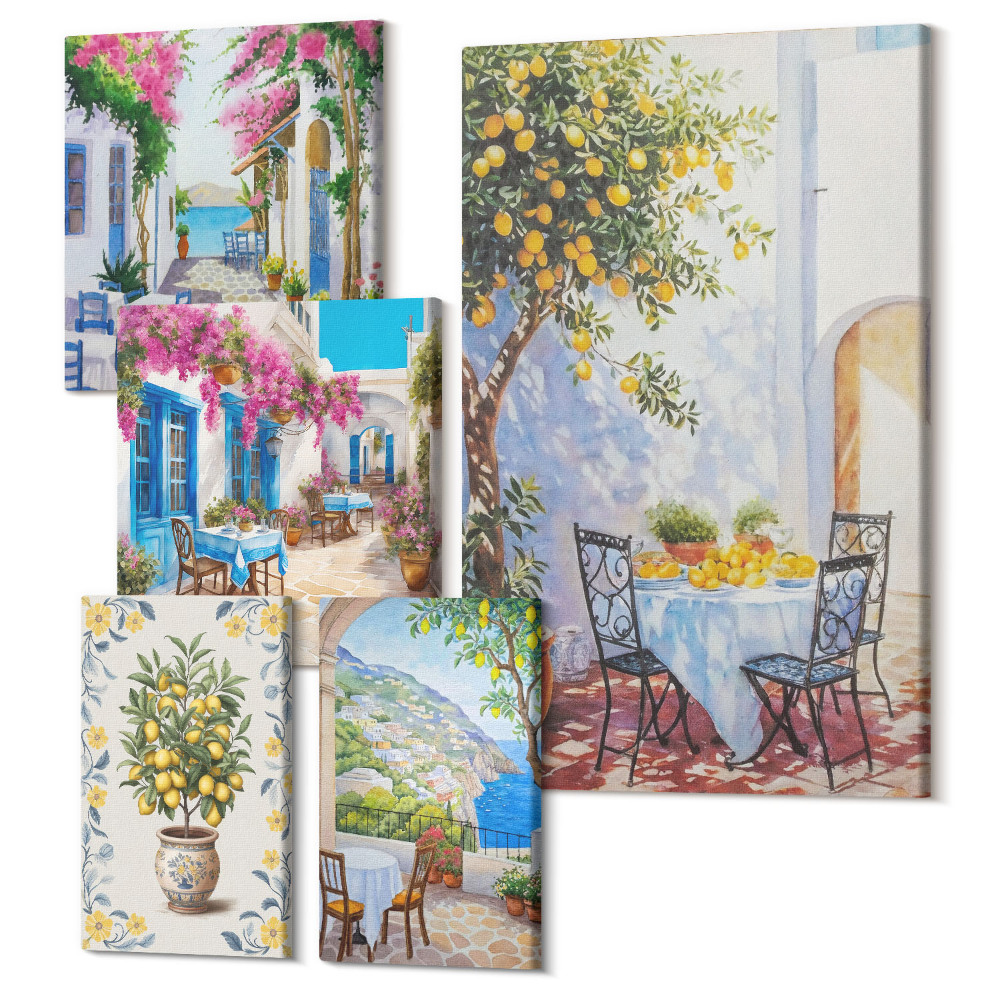 Sada obrazov pentaptych Očarujúce stredomorské krajiny s kvetmi a ovocím