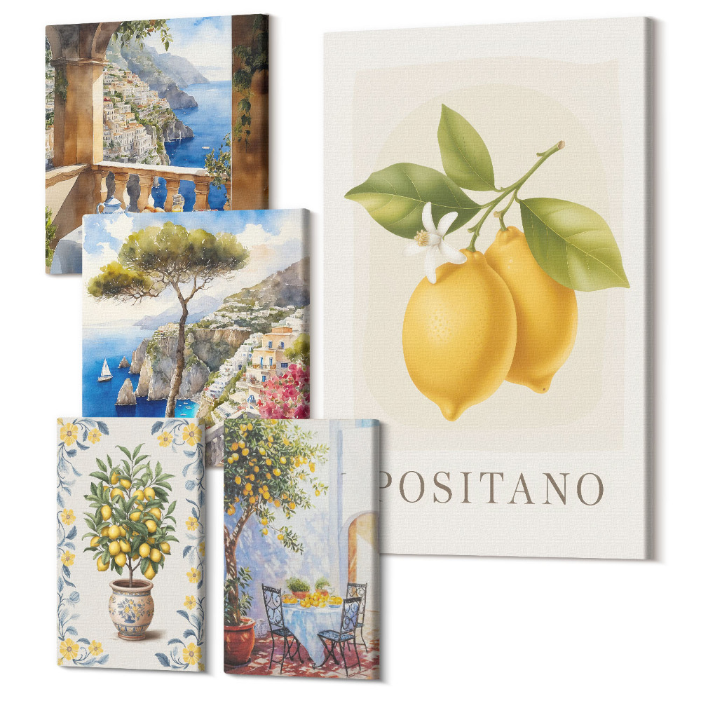 Sada obrazov na stenu pentaptych Citrusové akcenty inšpirované Stredomorím a výhľad na more