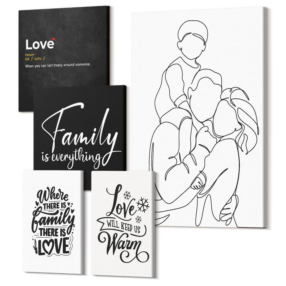 Sada obrazov pentaptych Rodinné hodnoty lásky a blízkosti v minimalistickom štýle
