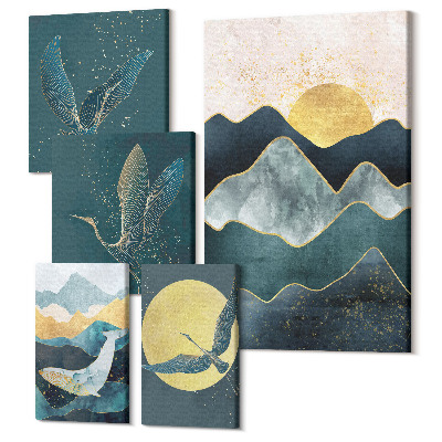 Sada obrazov na stenu pentaptych Štýlová horská krajina s vtákmi a slnkom