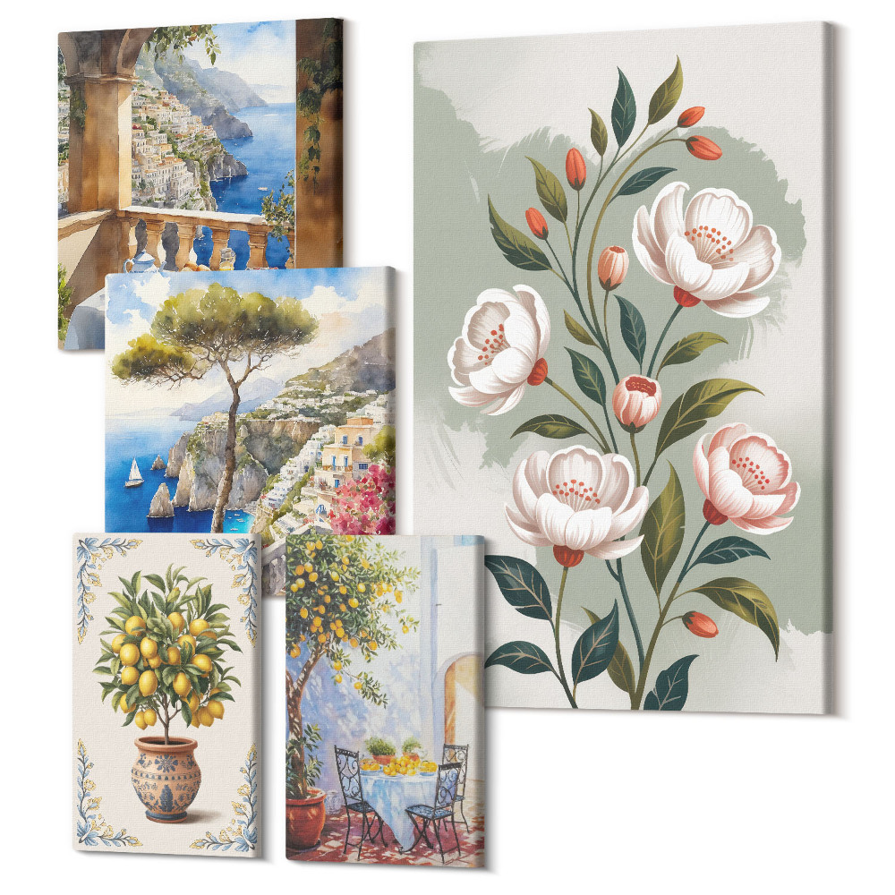 Sada 5 obrazov Kvetinové motívy a pohľady na malebnú krajinu