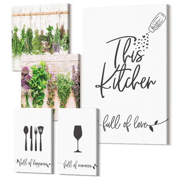 Sada obrazov pentaptych Kuchyňa plná lásky, byliniek a kulinárskych doplnkov