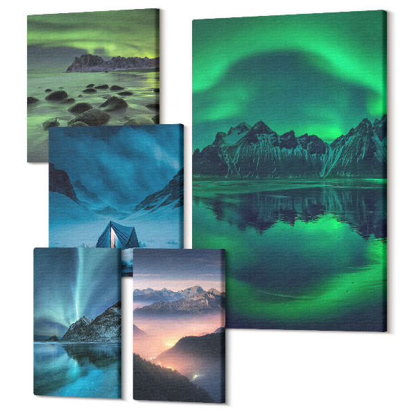 Sada 5 obrazov Zimná krajina s polárnou žiarou a výhľadom na hory