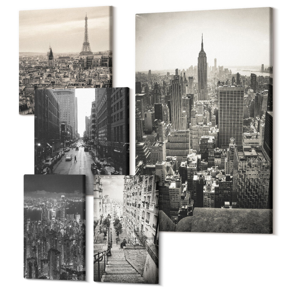 Sada obrazov pentaptych Panorámy miest ikonických hlavných miest Európy a USA