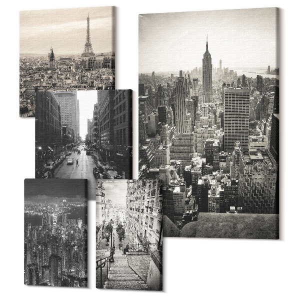 Sada obrazov pentaptych Panorámy miest ikonických hlavných miest Európy a USA
