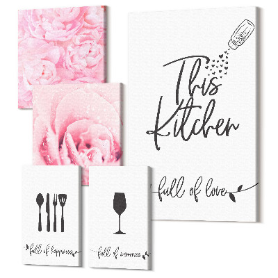 Sada obrazov na stenu pentaptych Kuchynská inšpirácia s ružami a kulinárskymi doplnkami