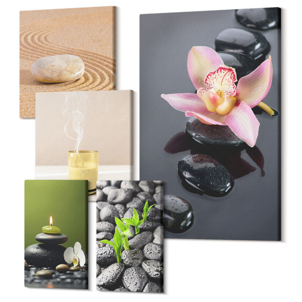 Sada 5 obrazov Relaxačné zenové motívy s kamienkami a kvetmi orchideí