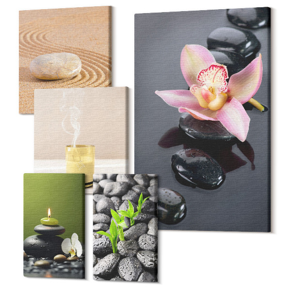 Sada 5 obrazov Relaxačné zenové motívy s kamienkami a kvetmi orchideí