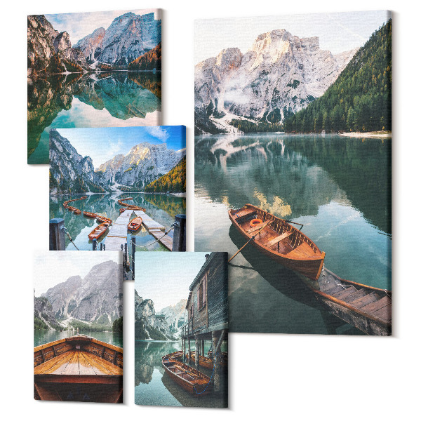 Sada obrazov pentaptych Pokojné jazerá s drevenými člnmi v horách
