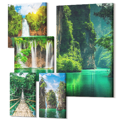 Sada 5 obrazov Tropická krajina s vodopádmi a zeleňou