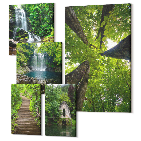 Sada obrazov pentaptych Zelená krajina vodopádov a lesných cestičiek