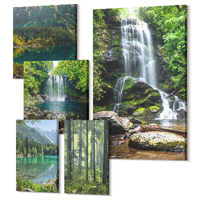 Sada obrazov na stenu pentaptych Vodopády a lesná krajina obklopená prírodou
