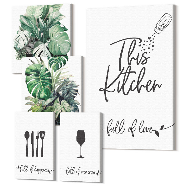 Sada obrazov pentaptych Kuchynské inšpirácie s rastlinami a pozitívnymi sloganmi