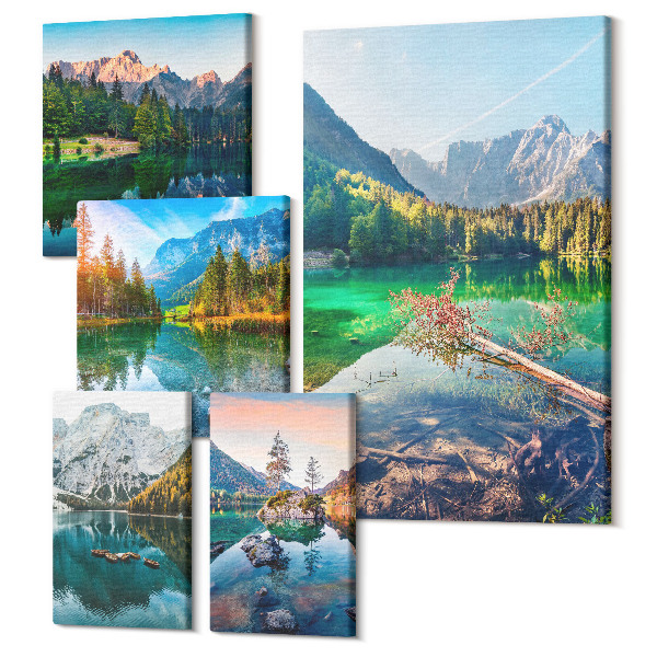 Sada obrazov na stenu pentaptych Horská krajina s jazerami a zelenými lesmi