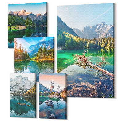 Sada obrazov na stenu pentaptych Horská krajina s jazerami a zelenými lesmi