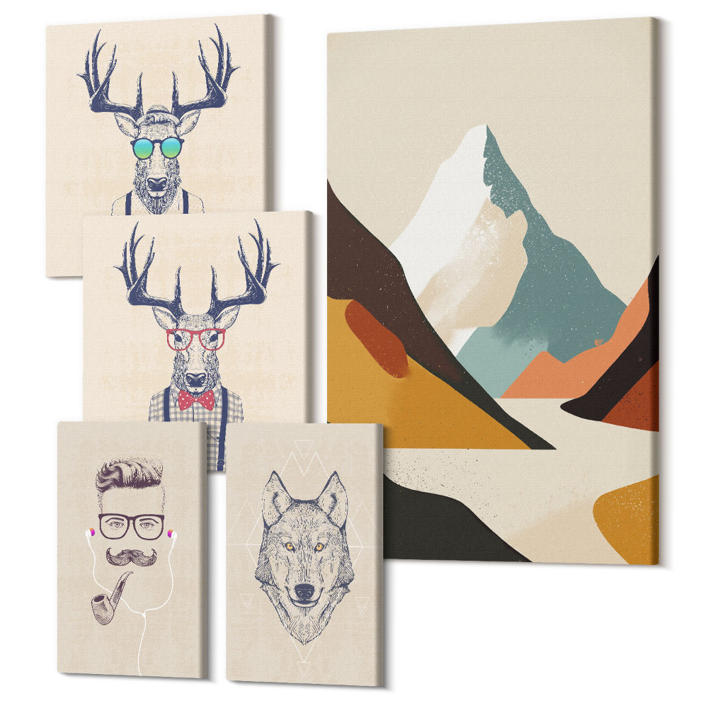 Sada obrazov pentaptych Štýlové zvieracie portréty s horskou krajinou