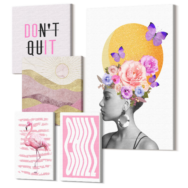 Sada 5 obrazov Boho štýl s kvetinovými motívmi a inšpiratívnymi sloganmi