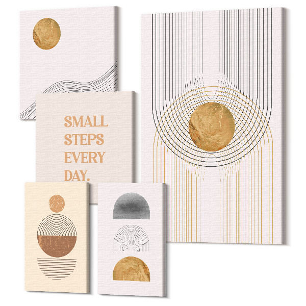 Sada obrazov pentaptych Abstraktné kompozície s geometrickými tvarmi a textom