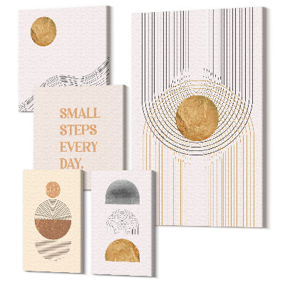 Sada obrazov pentaptych Abstraktné kompozície s geometrickými tvarmi a textom