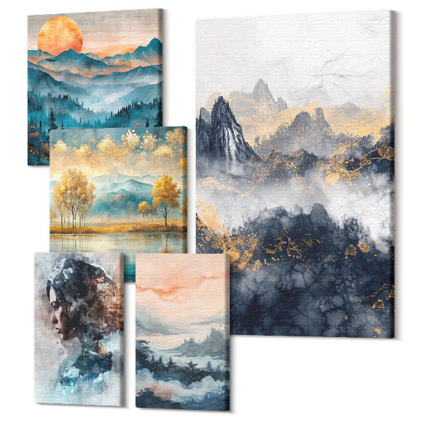 Sada obrazov pentaptych Horské krajiny s portrétmi a prírodnými krajinami