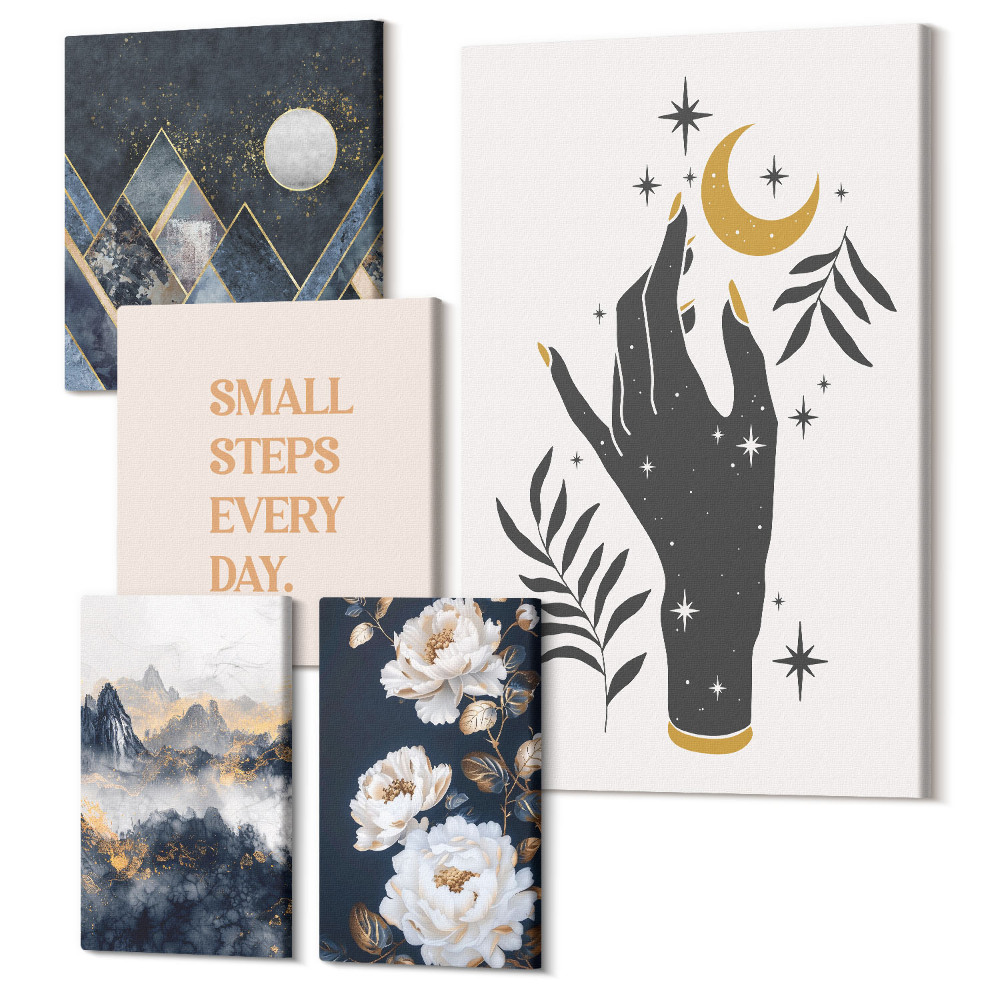 Sada obrazov na stenu pentaptych Boho štýl inšpirovaný prírodou a pozitívnymi posolstvami