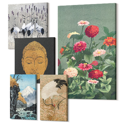 Sada obrazov pentaptych Ázijské krajiny s kvetmi a budhistickou symbolikou